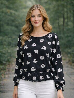 LOFT chiffon black and white floral pattern lined flowy blouse vcay Sz Small
